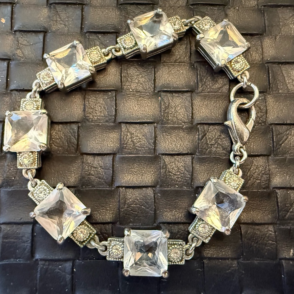 Art Decco Style Silver Tone Bracelet with Clear Stones and Detailed Links—7.25”